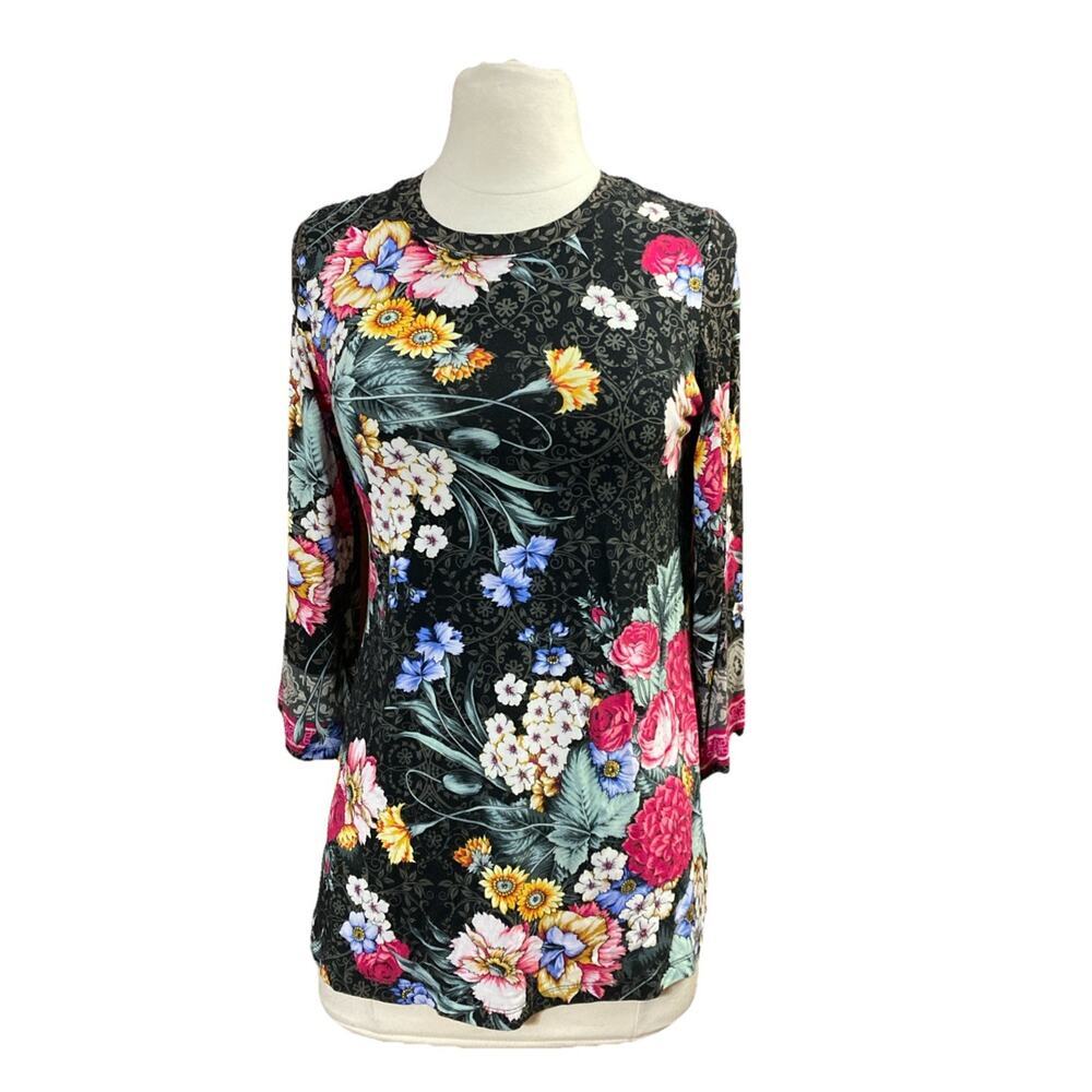 Johnny Was Sistine Bell Sleeve Shirt Sz XS‎ Onyx Black Floral Top Stretch $150